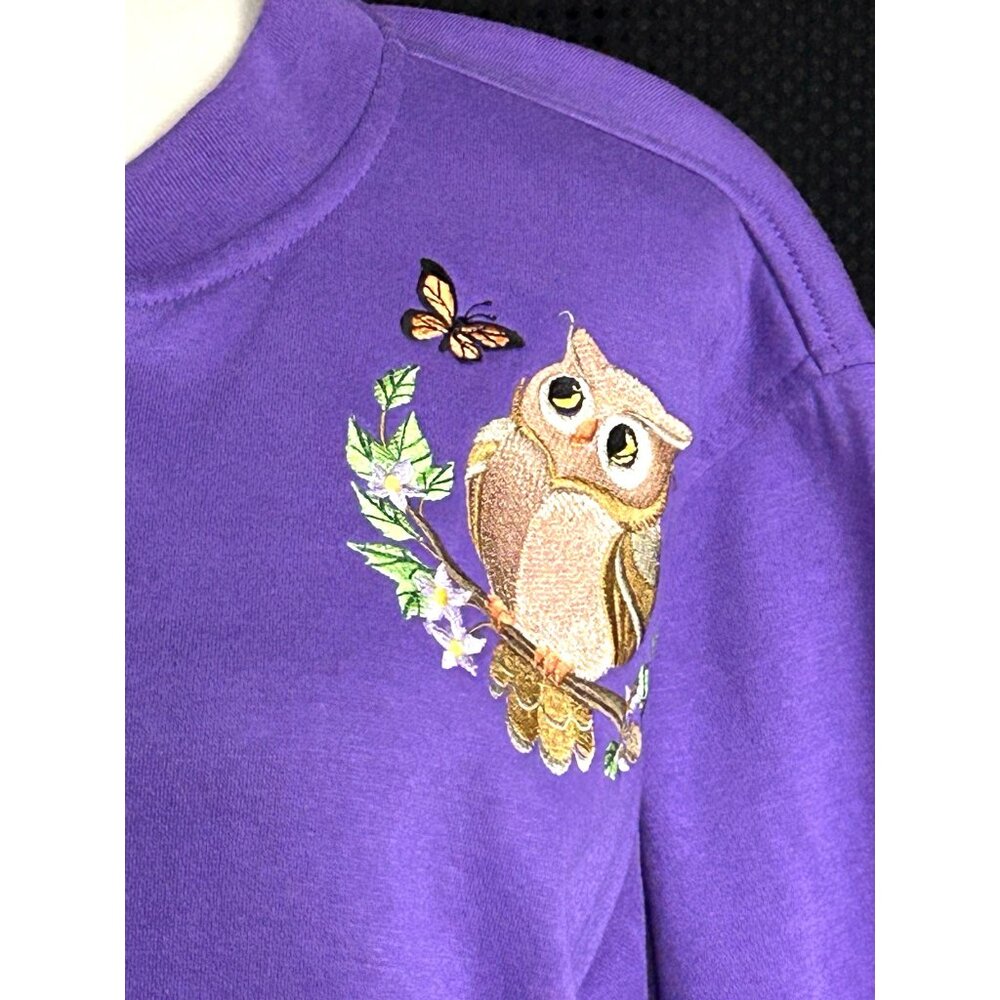 Vintage Tudor Court Women Large Fleece Jacket Embroidered Owls Purple Pockets - Picture 4 of 13